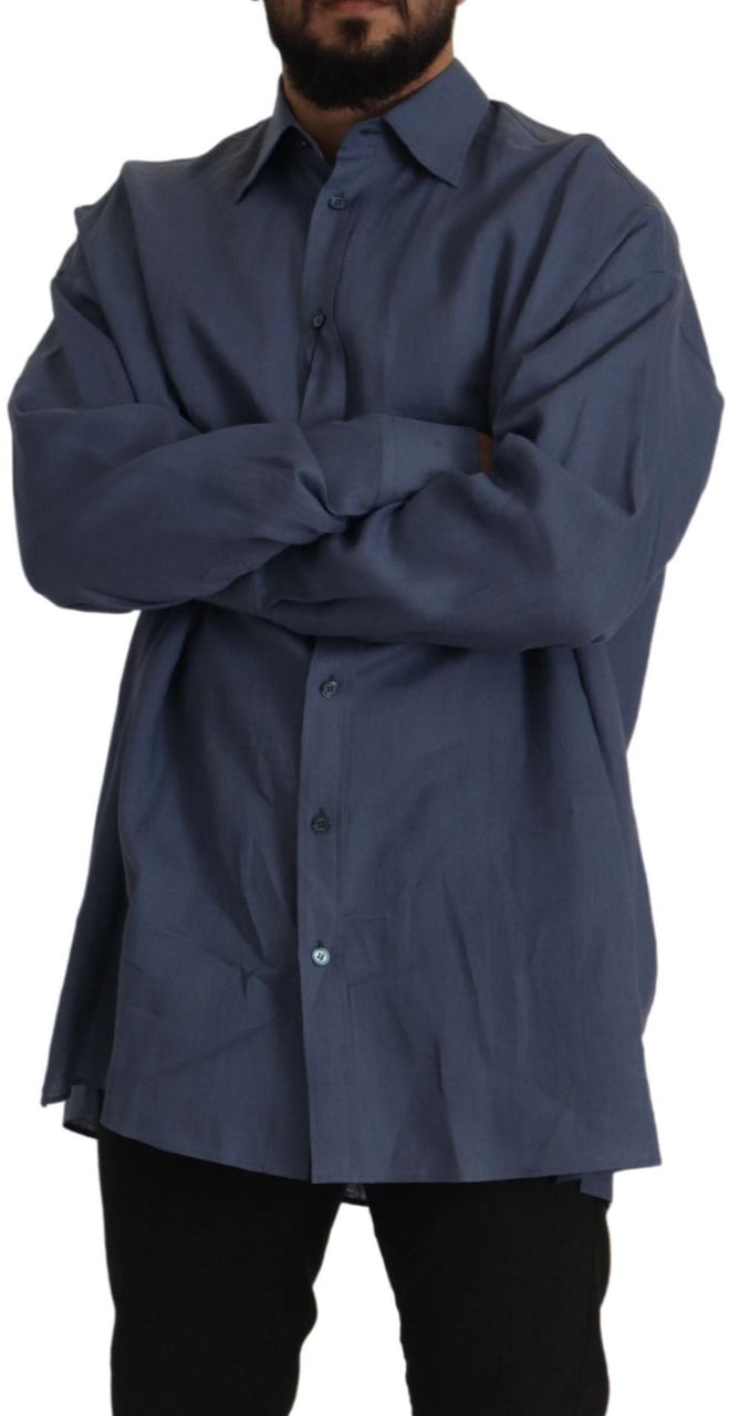 Dolce & Gabbana Dark Blue Linen Slim Fit Dress Formal Men Shirt Blauw