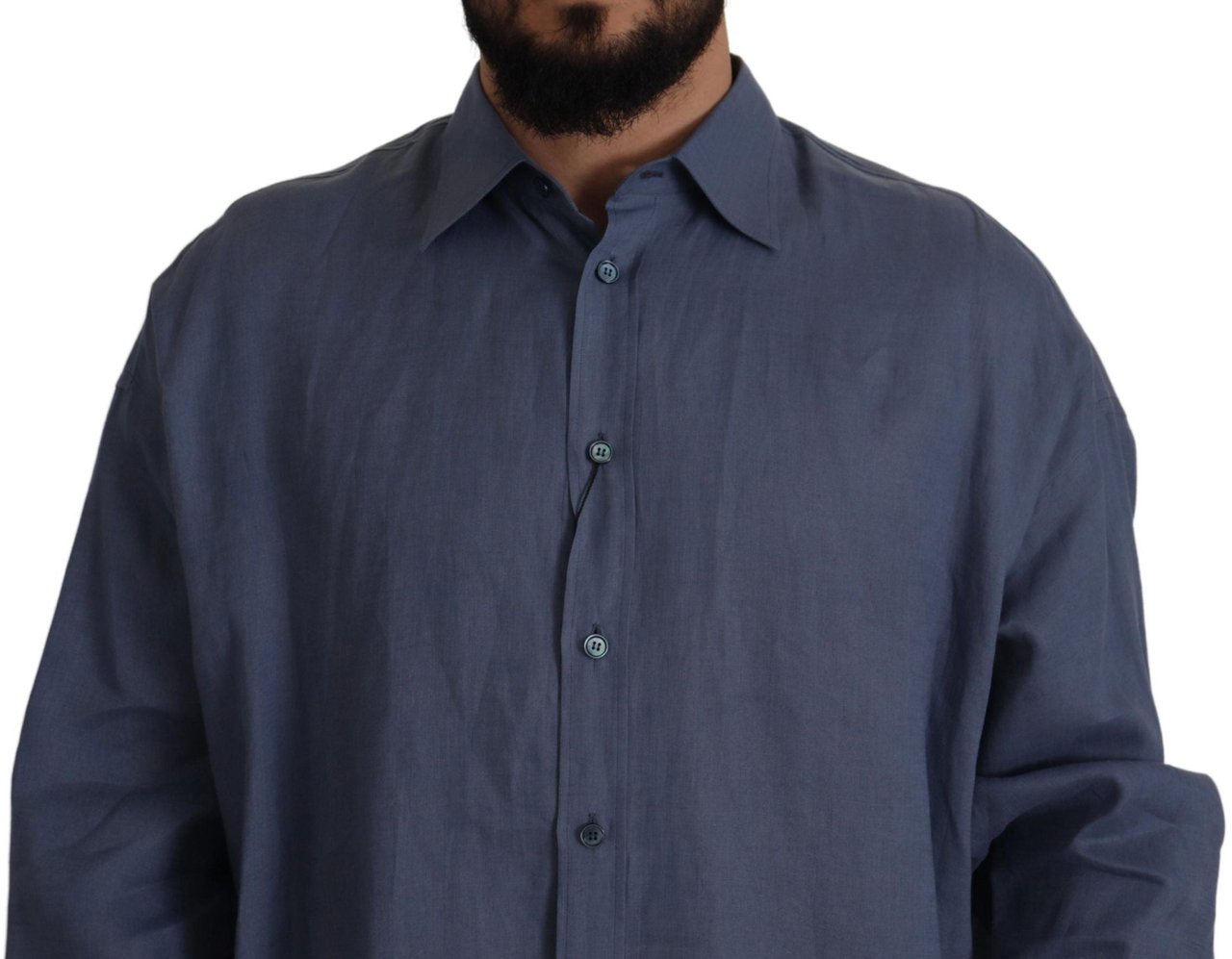 Dolce & Gabbana Dark Blue Linen Slim Fit Dress Formal Men Shirt Blauw