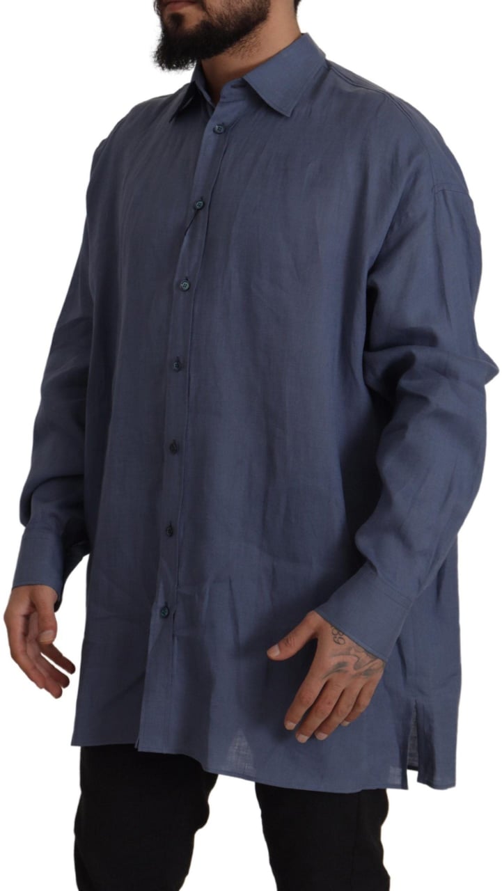 Dolce & Gabbana Dark Blue Linen Slim Fit Dress Formal Men Shirt Blauw
