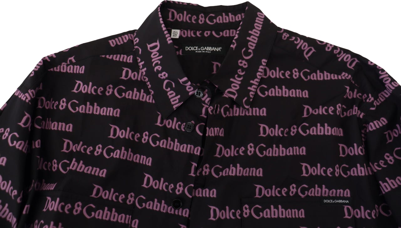 Dolce & Gabbana Black Purple Logo Slim Dress Formal Shirt Zwart