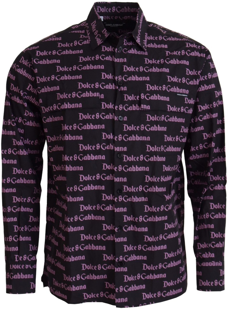 Dolce & Gabbana Black Purple Logo Slim Dress Formal Shirt Zwart
