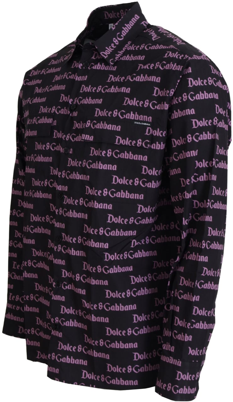 Dolce & Gabbana Black Purple Logo Slim Dress Formal Shirt Zwart