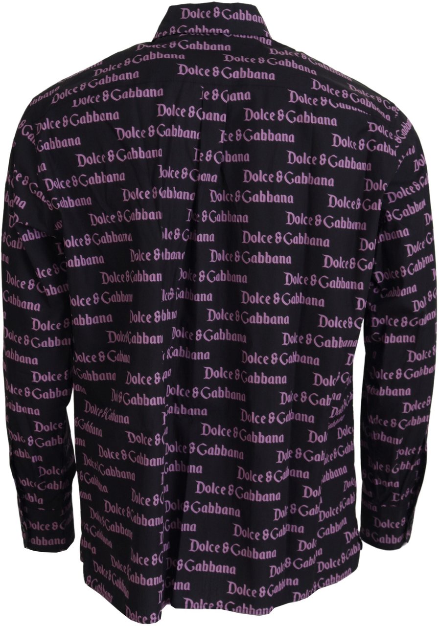 Dolce & Gabbana Black Purple Logo Slim Dress Formal Shirt Zwart