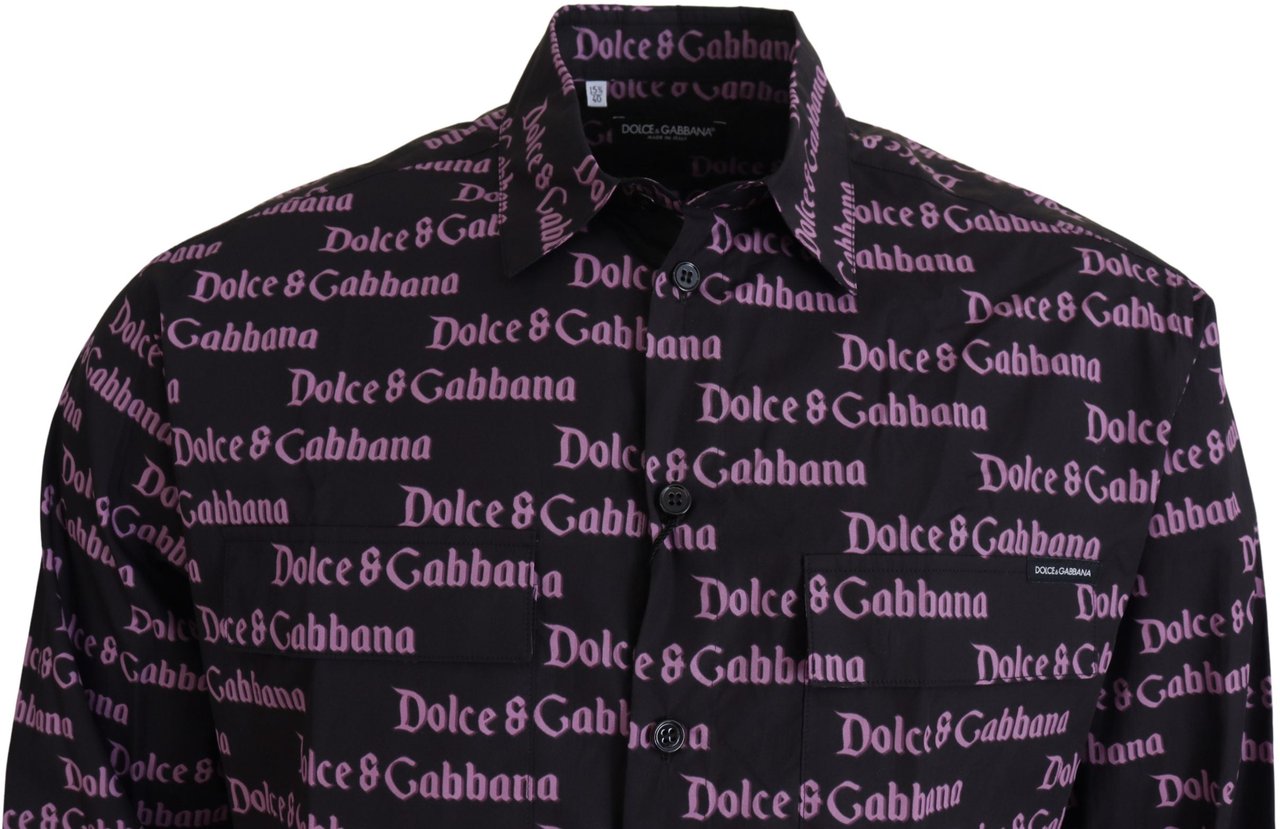 Dolce & Gabbana Black Purple Logo Slim Dress Formal Shirt Zwart