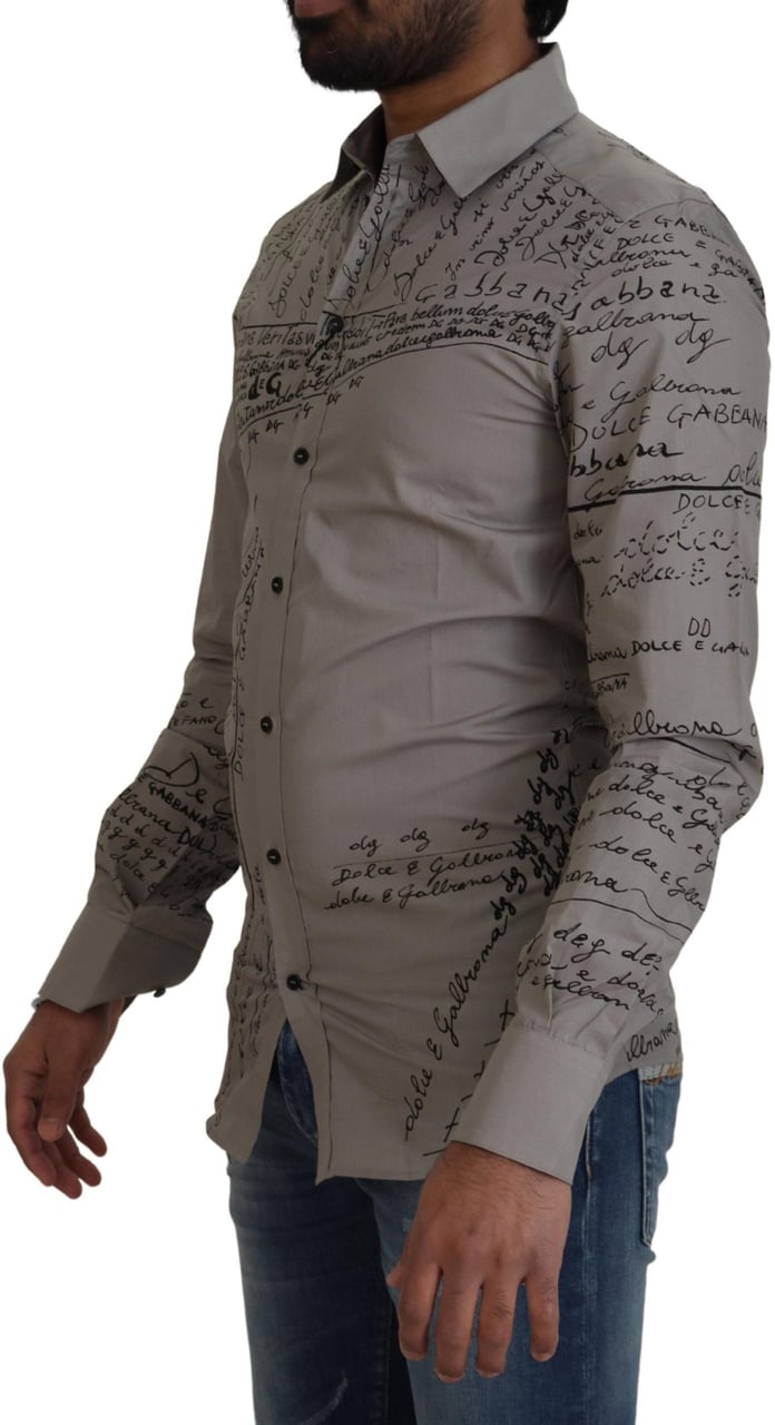 Dolce & Gabbana Gray Printed Cotton Slim Dress GOLD Shirt Grijs