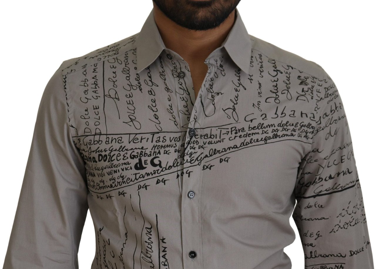 Dolce & Gabbana Gray Printed Cotton Slim Dress GOLD Shirt Grijs