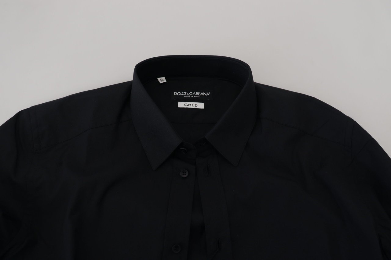 Dolce & Gabbana Black Cotton Slim Fit Formal Dress GOLD Shirt Zwart
