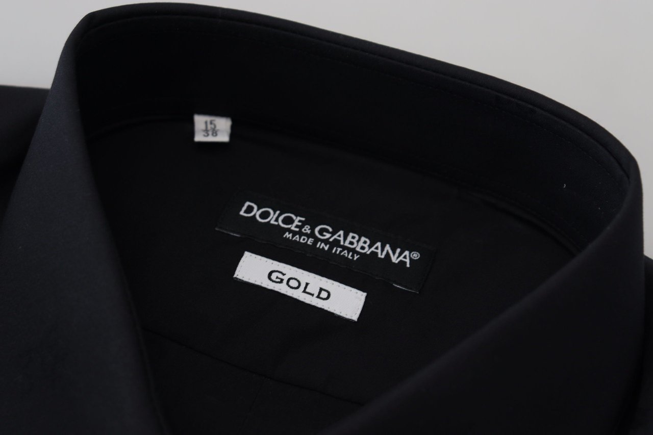 Dolce & Gabbana Black Cotton Slim Fit Formal Dress GOLD Shirt Zwart