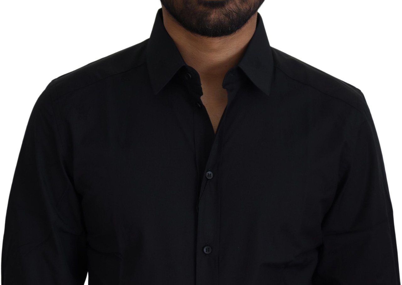 Dolce & Gabbana Black Cotton Slim Fit Formal Dress GOLD Shirt Zwart