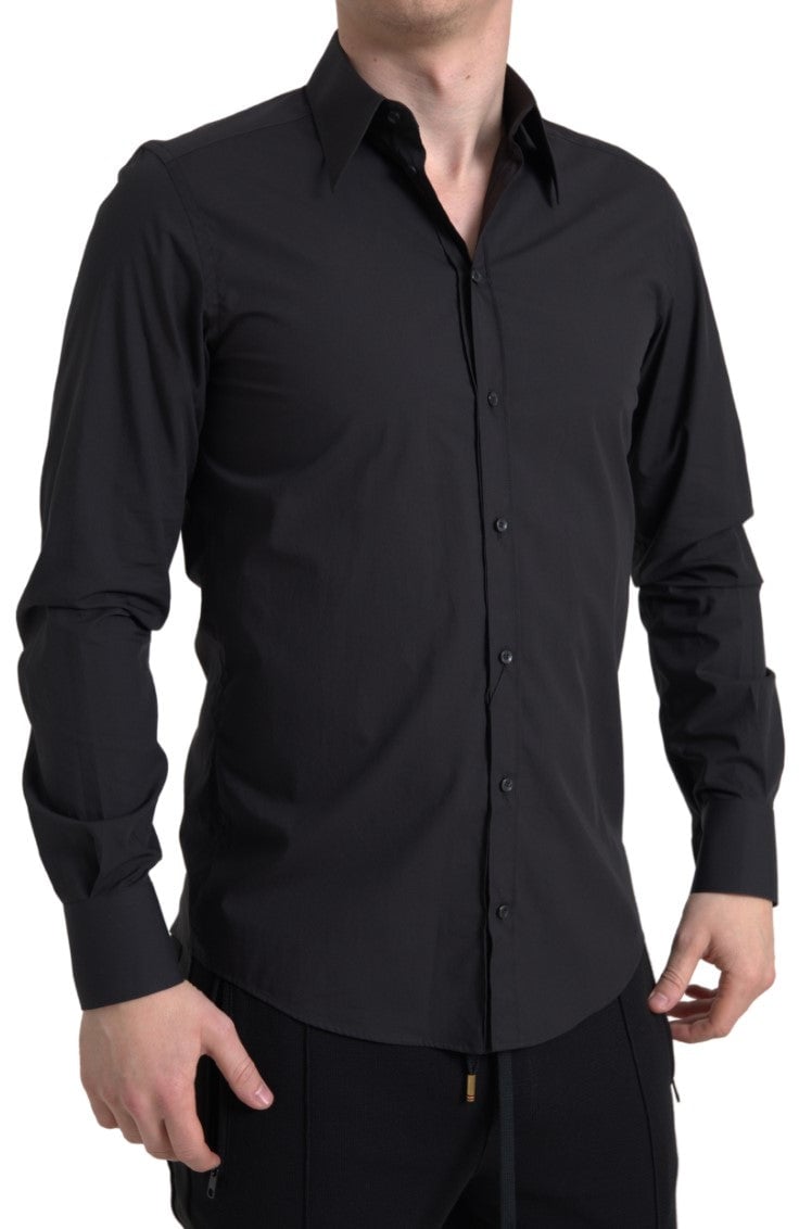Dolce & Gabbana Black Cotton Men Long Sleeves MARTINI Shirt Zwart