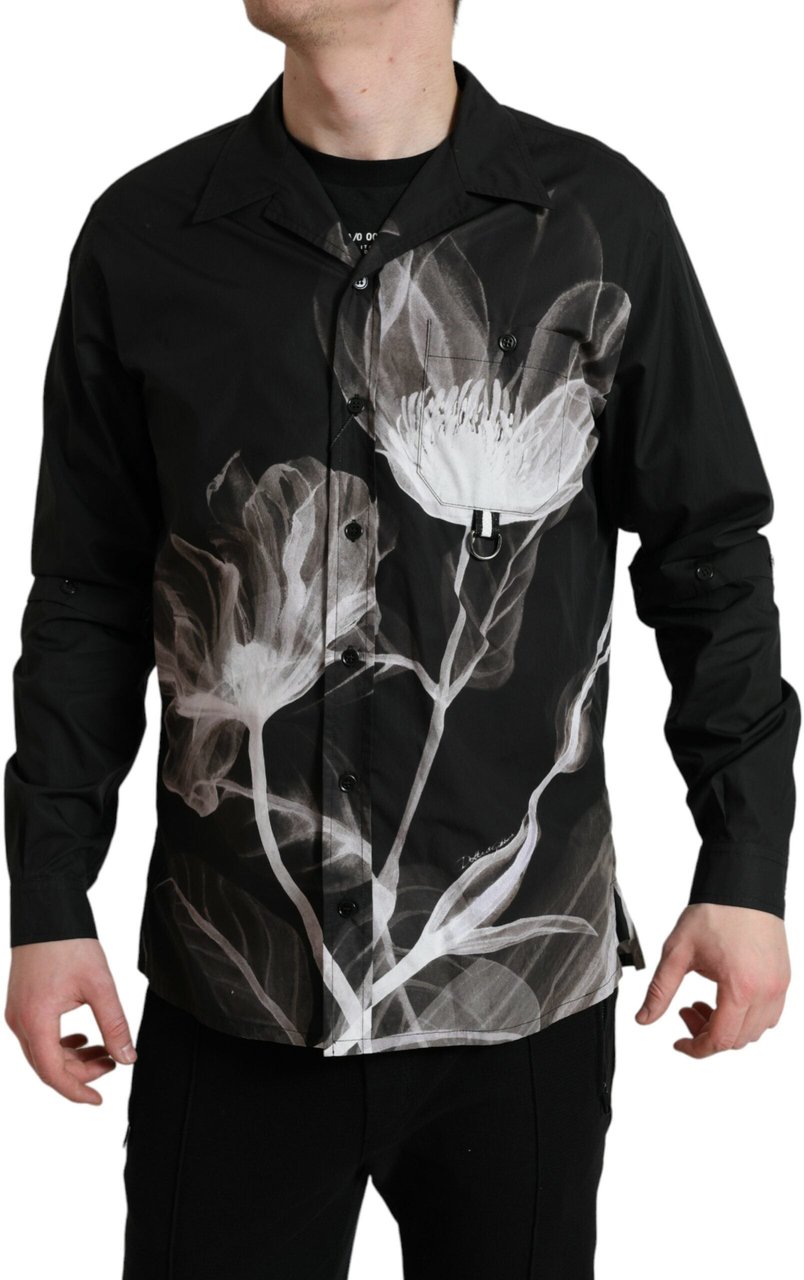 Dolce & Gabbana Black Floral Cotton Collared Long Sleeves Men Shirt Zwart