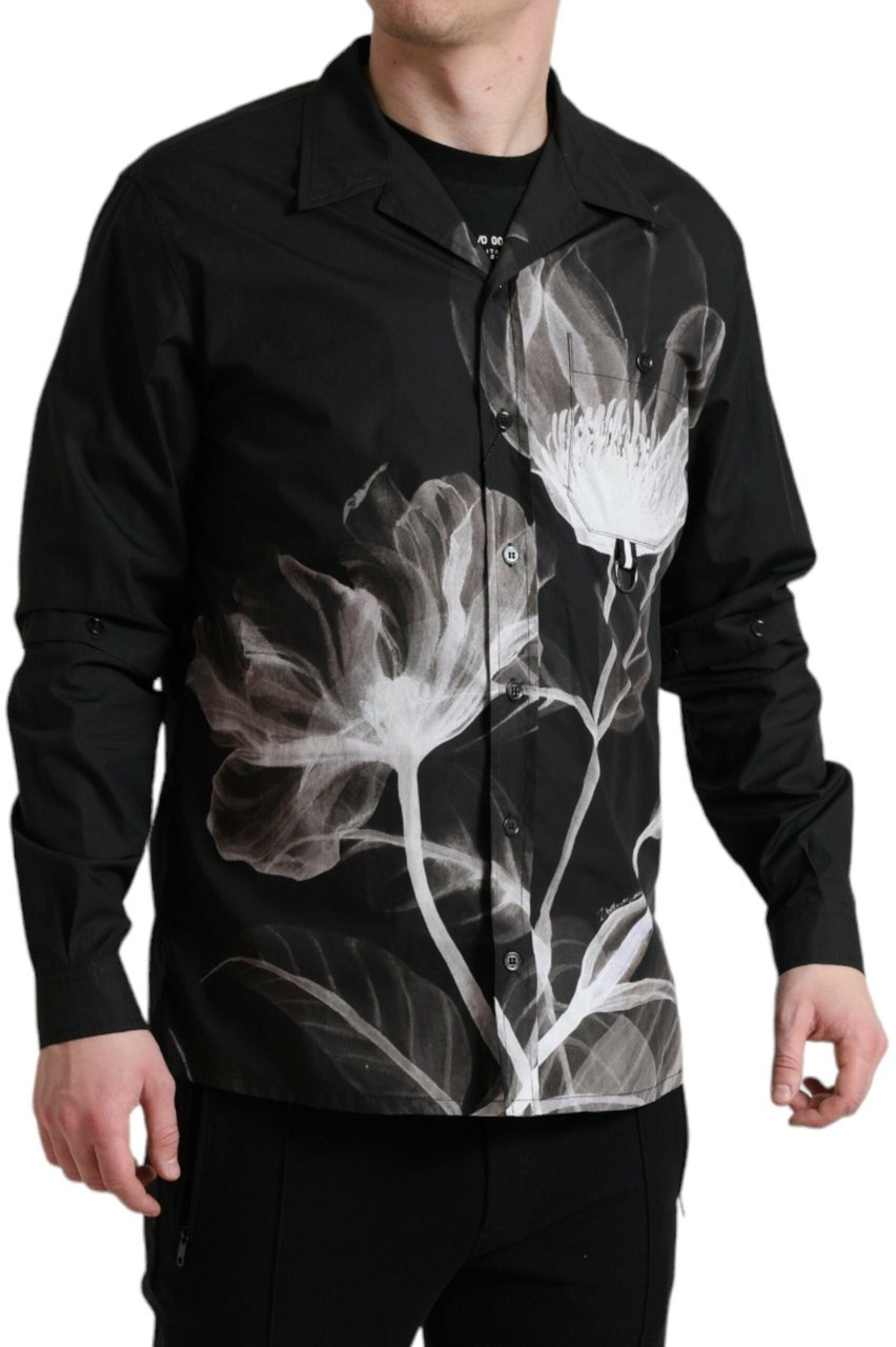 Dolce & Gabbana Black Floral Cotton Collared Long Sleeves Men Shirt Zwart