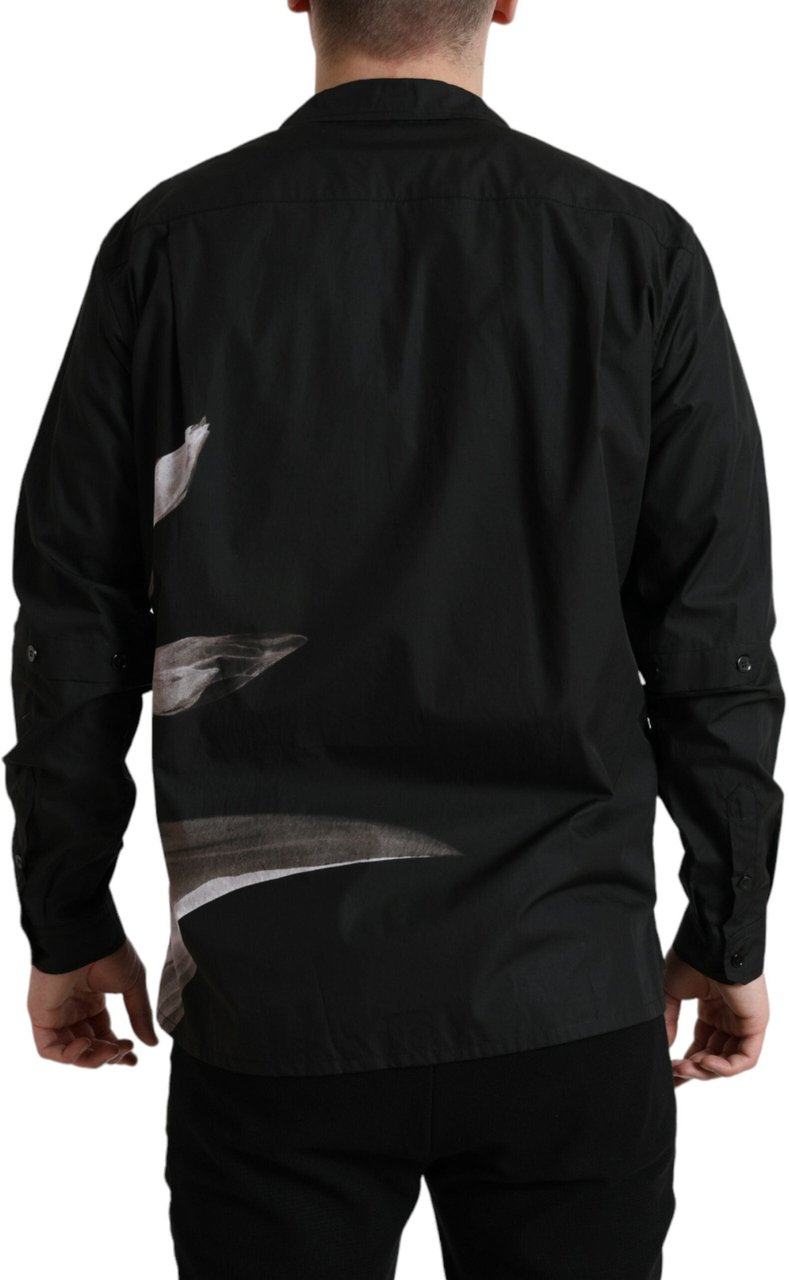 Dolce & Gabbana Black Floral Cotton Collared Long Sleeves Men Shirt Zwart