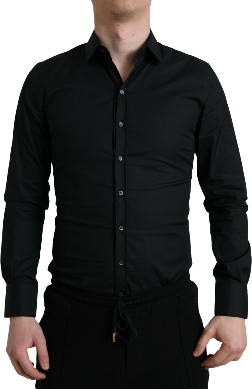 Dolce & Gabbana Black Cotton Stretch Slim Formal Dress Shirt Zwart