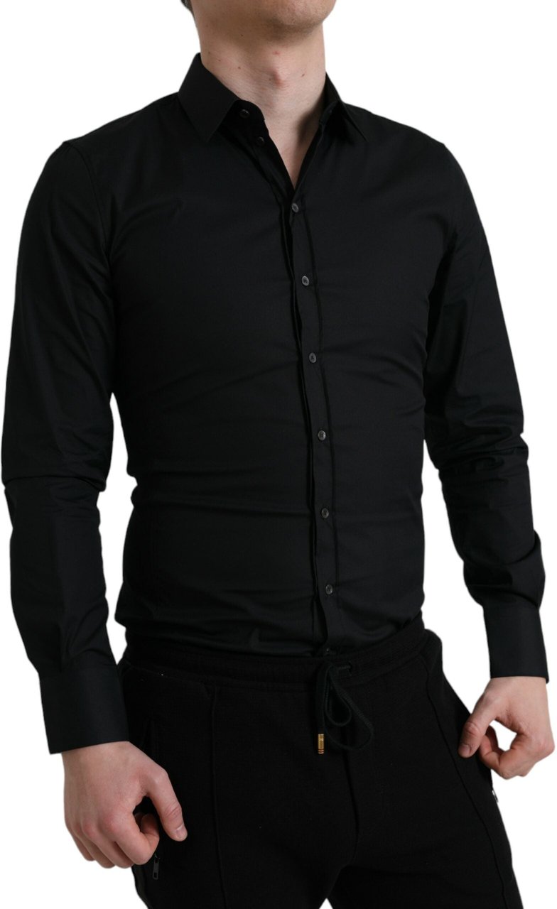 Dolce & Gabbana Black Cotton Stretch Slim Formal Dress Shirt Zwart