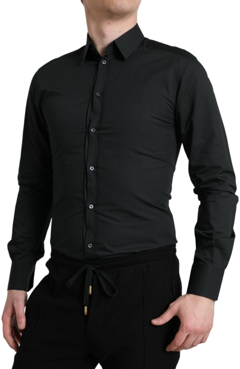 Dolce & Gabbana Black Cotton Silk Formal GOLD Dress Shirt Zwart