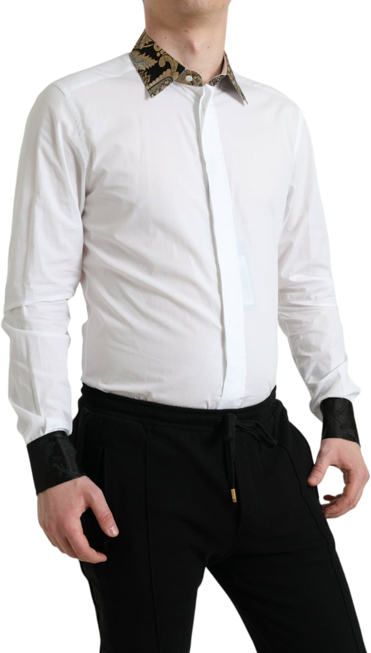 Dolce & Gabbana White Cotton Jacquard Formal GOLD Dress Shirt Wit