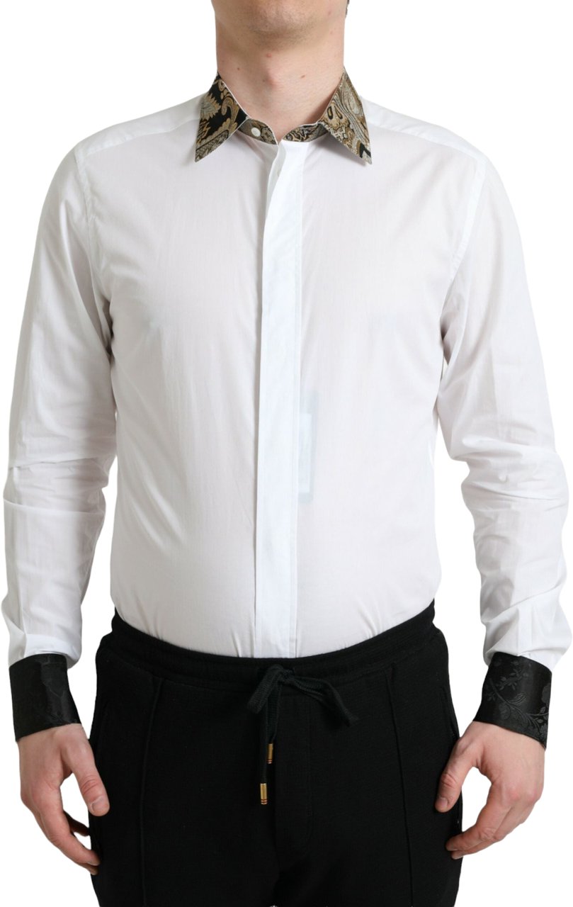Dolce & Gabbana White Cotton Jacquard Formal GOLD Dress Shirt Wit