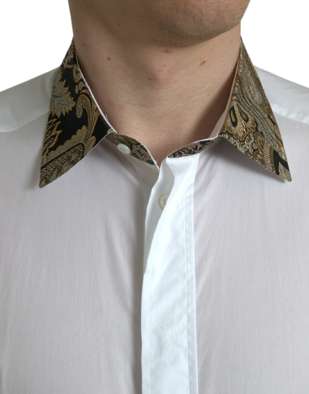 Dolce & Gabbana White Cotton Jacquard Formal GOLD Dress Shirt Wit
