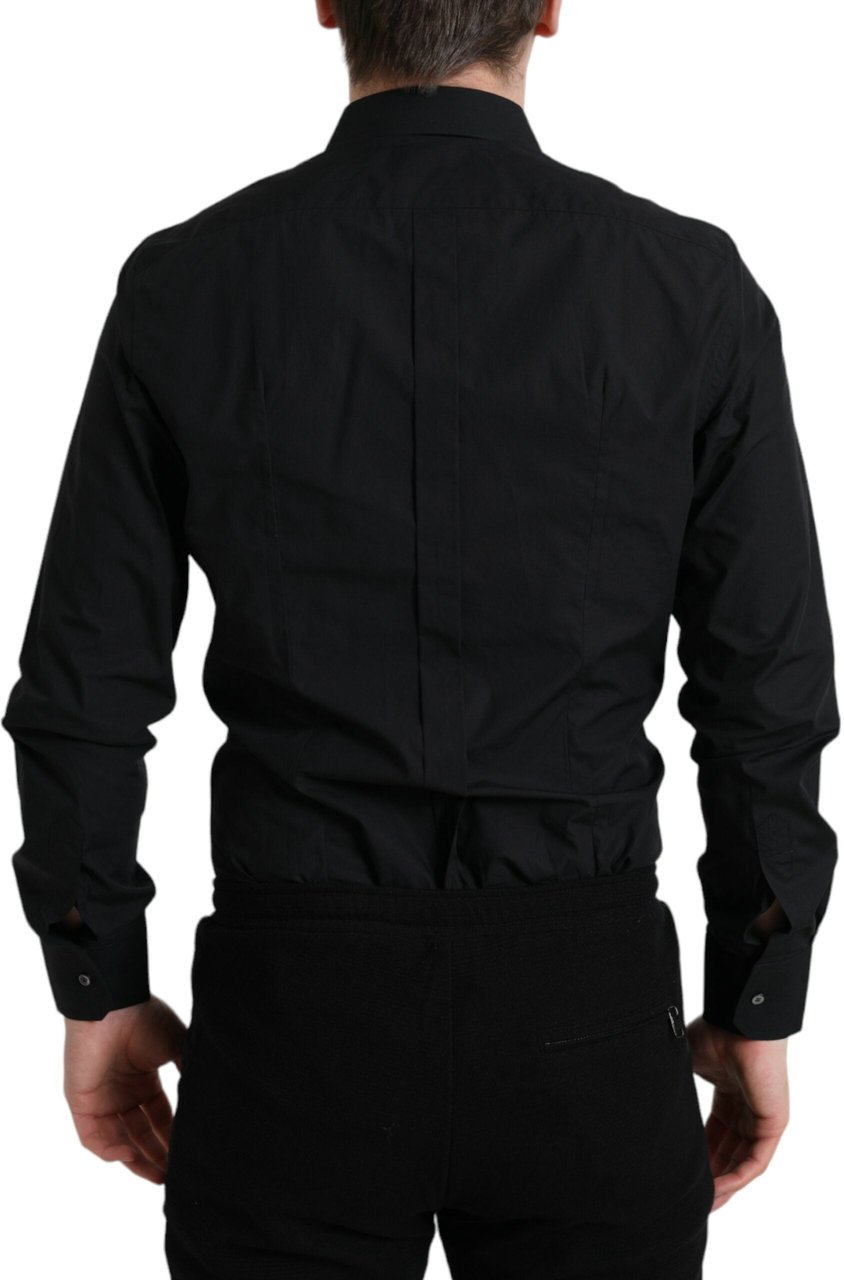 Dolce & Gabbana Black Cotton Men Formal GOLD Dress Shirt Zwart