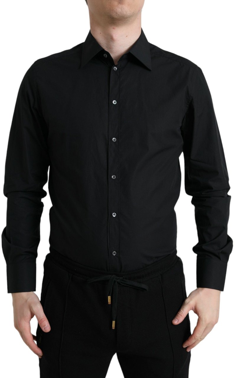 Dolce & Gabbana Black Cotton Men Formal GOLD Dress Shirt Zwart