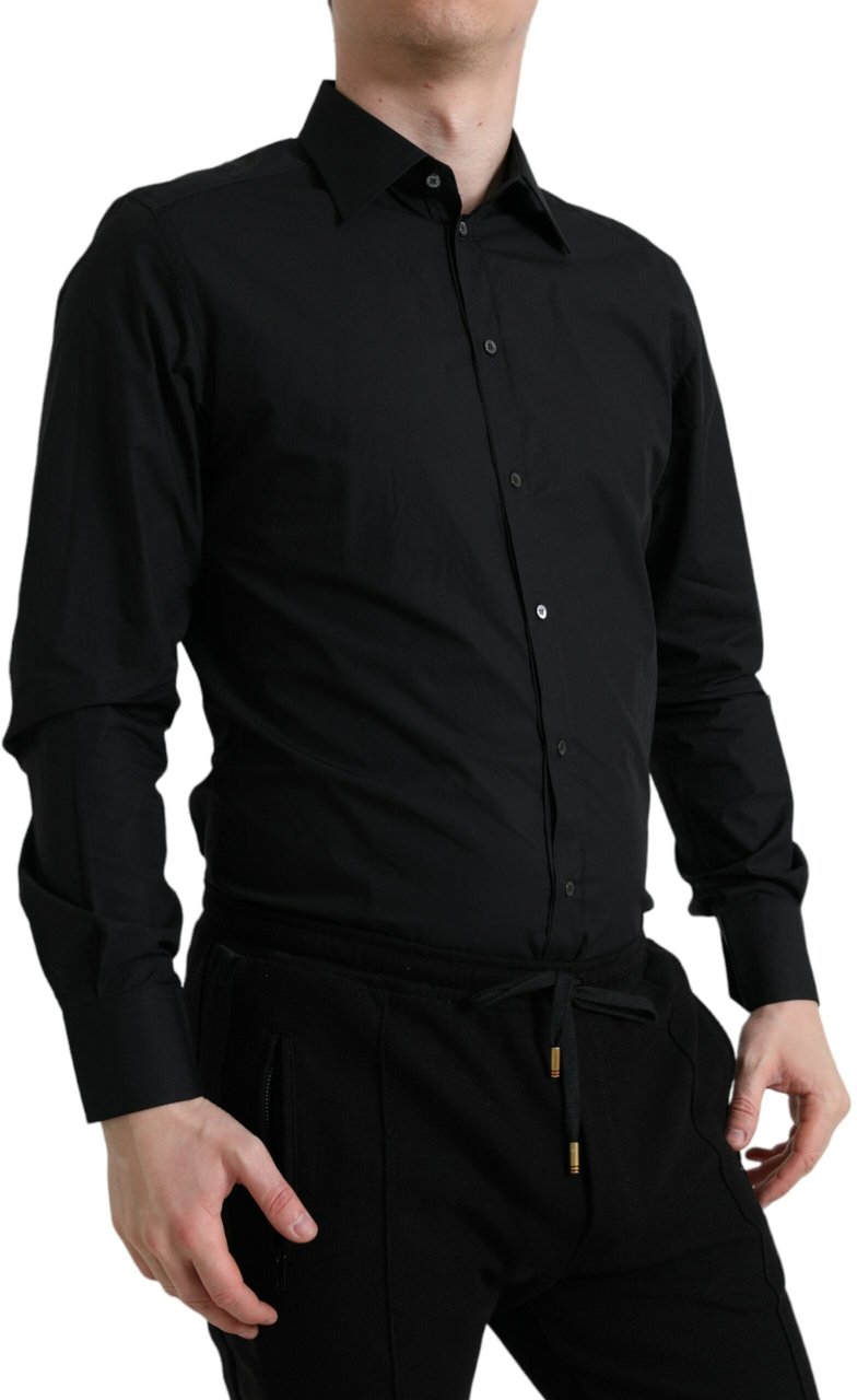 Dolce & Gabbana Black Cotton Men Formal GOLD Dress Shirt Zwart