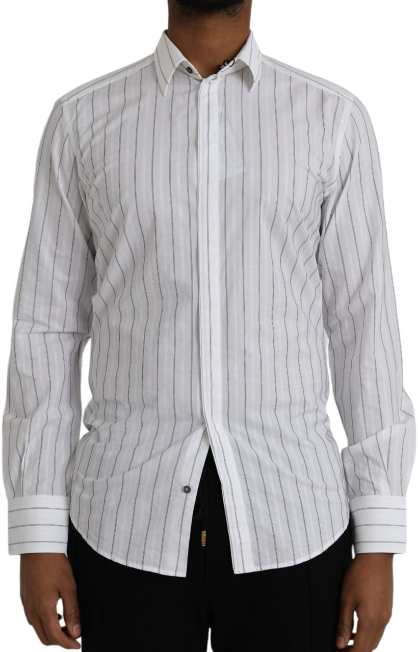 Dolce & Gabbana Black White Striped Formal Dress GOLD Shirt Zwart