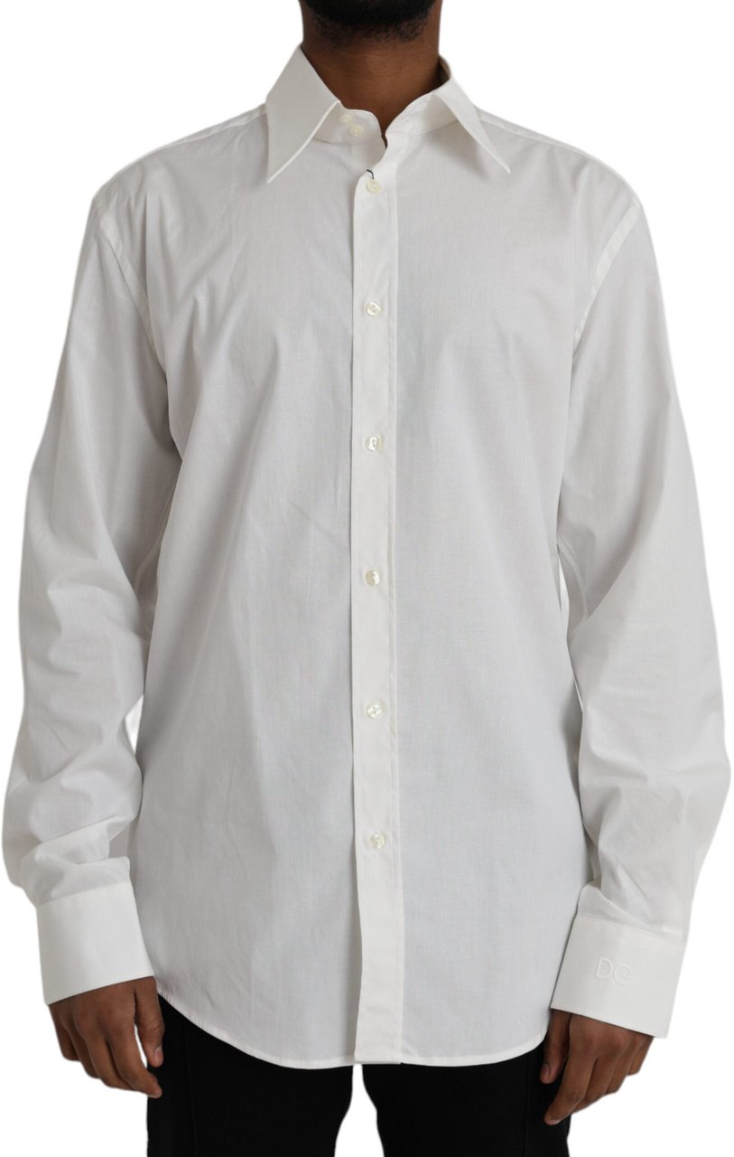 Dolce & Gabbana White Cotton Dress Slim Fit GOLD Shirt Wit