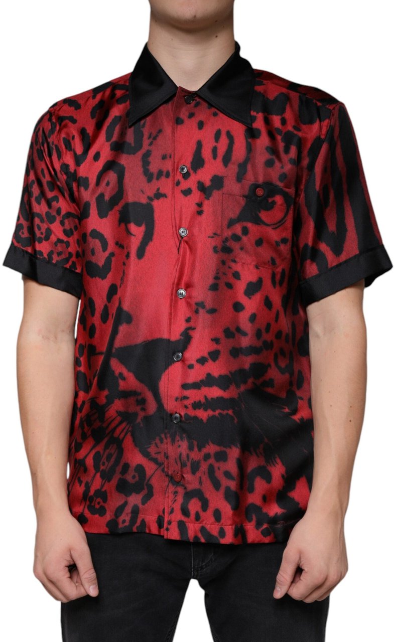 Dolce & Gabbana Red Leopard Silk Button Down Casual Shirt Rood