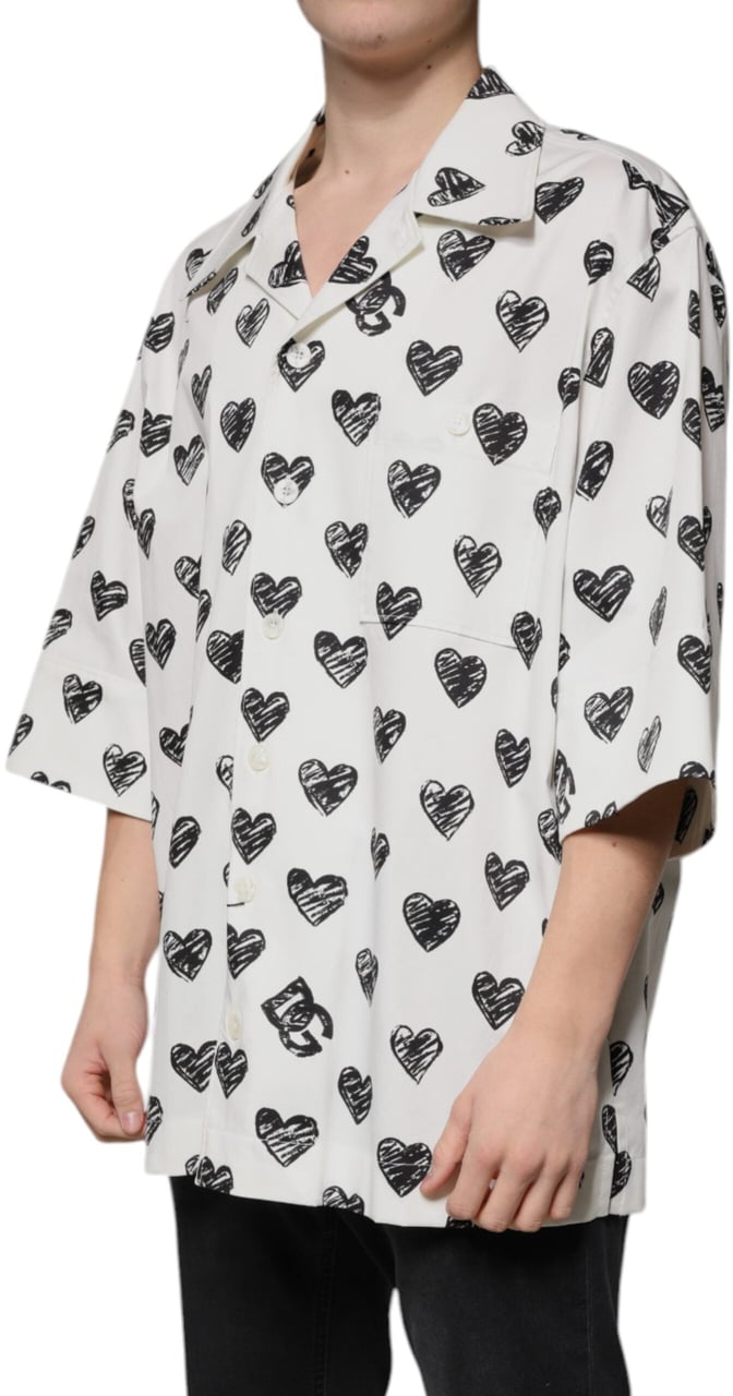 Dolce & Gabbana White Heart Print Short Sleeve Casual Shirt Zwart