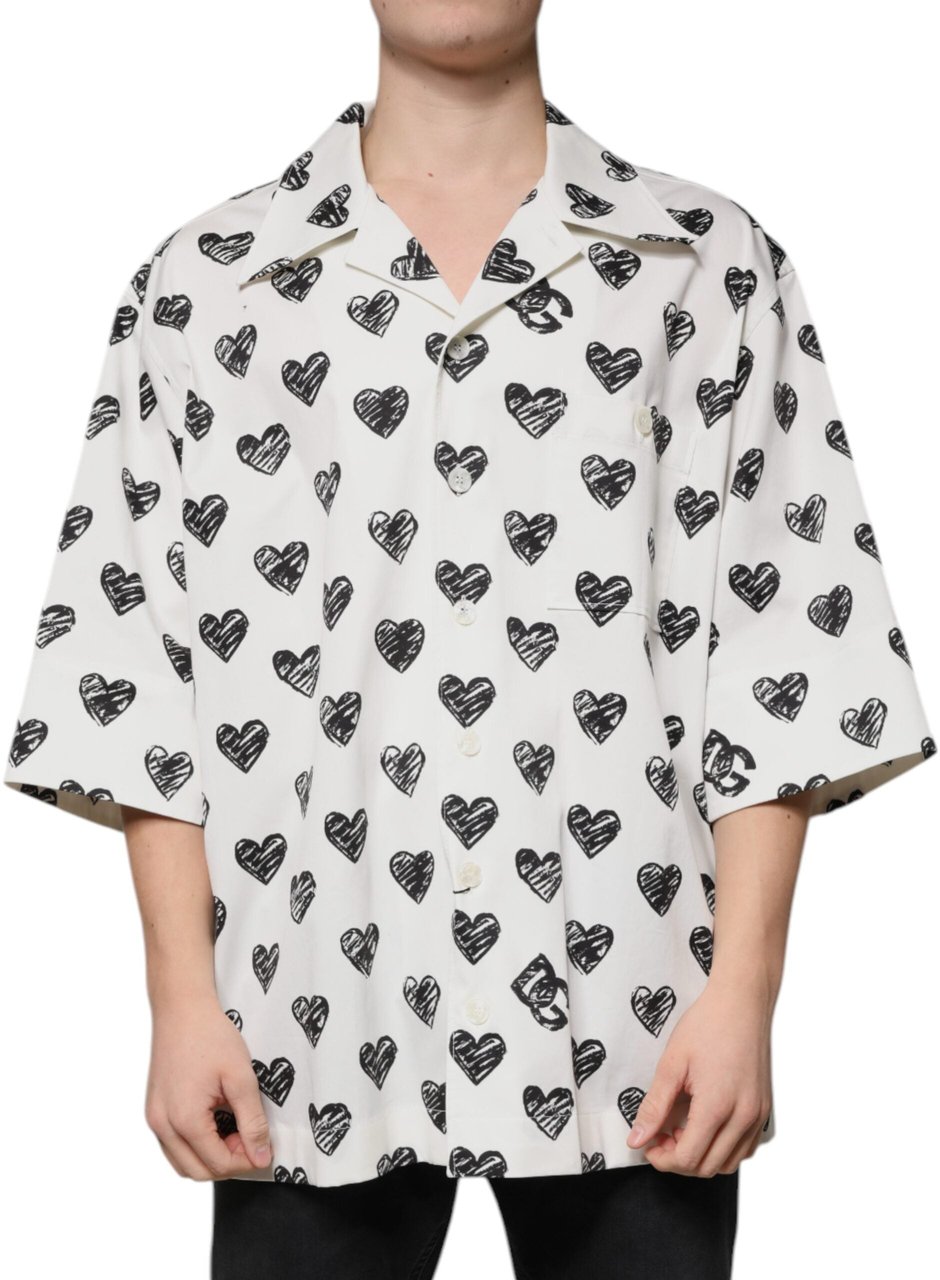 Dolce & Gabbana White Heart Print Short Sleeve Casual Shirt Zwart