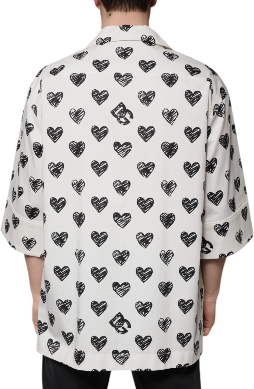 Dolce & Gabbana White Heart Print Short Sleeve Casual Shirt Zwart