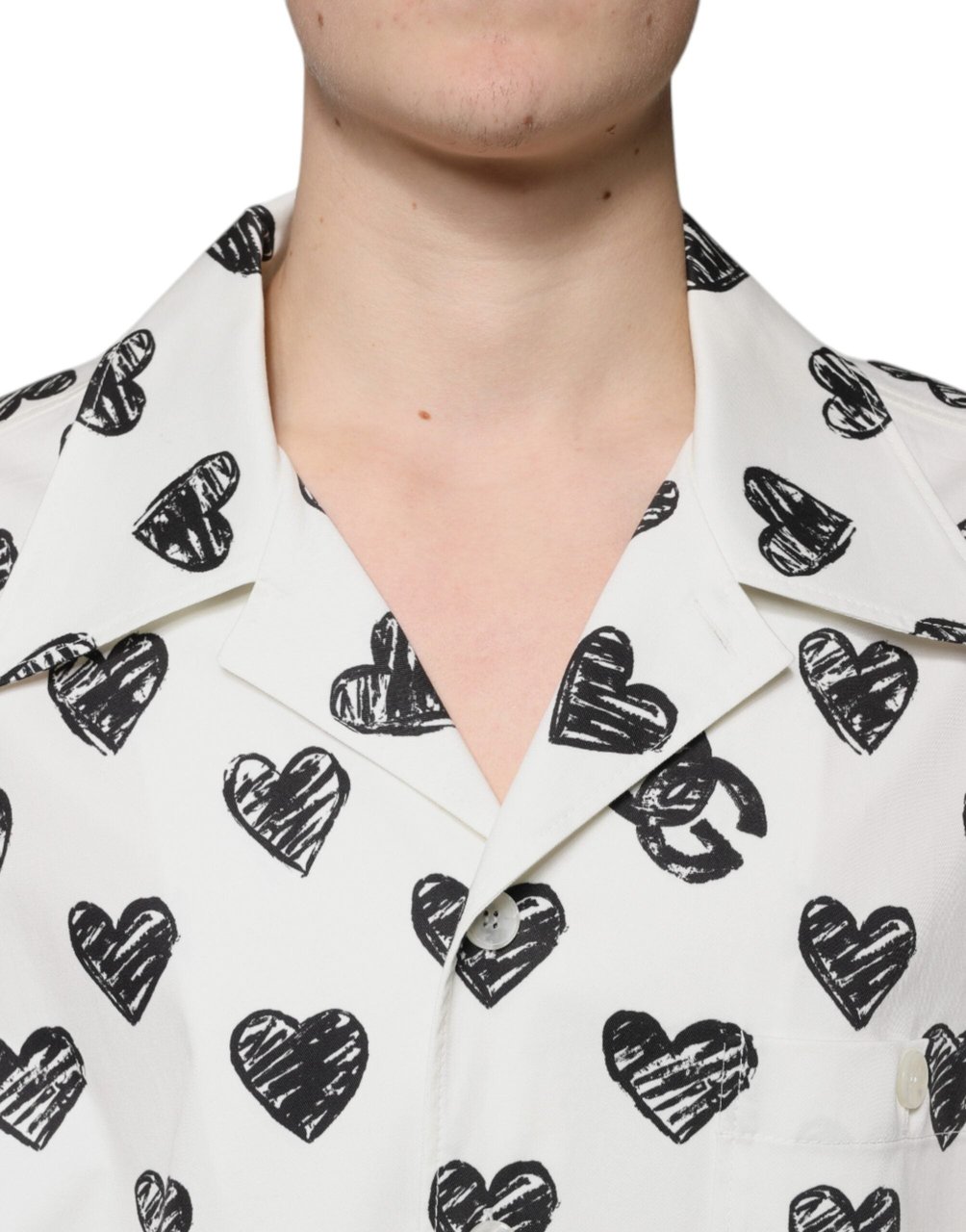 Dolce & Gabbana White Heart Print Short Sleeve Casual Shirt Zwart