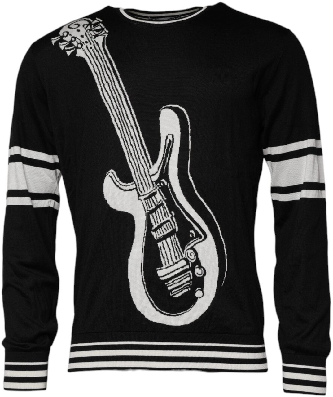 Dolce & Gabbana Black White Guitar Silk Crew Neck Sweater Divers