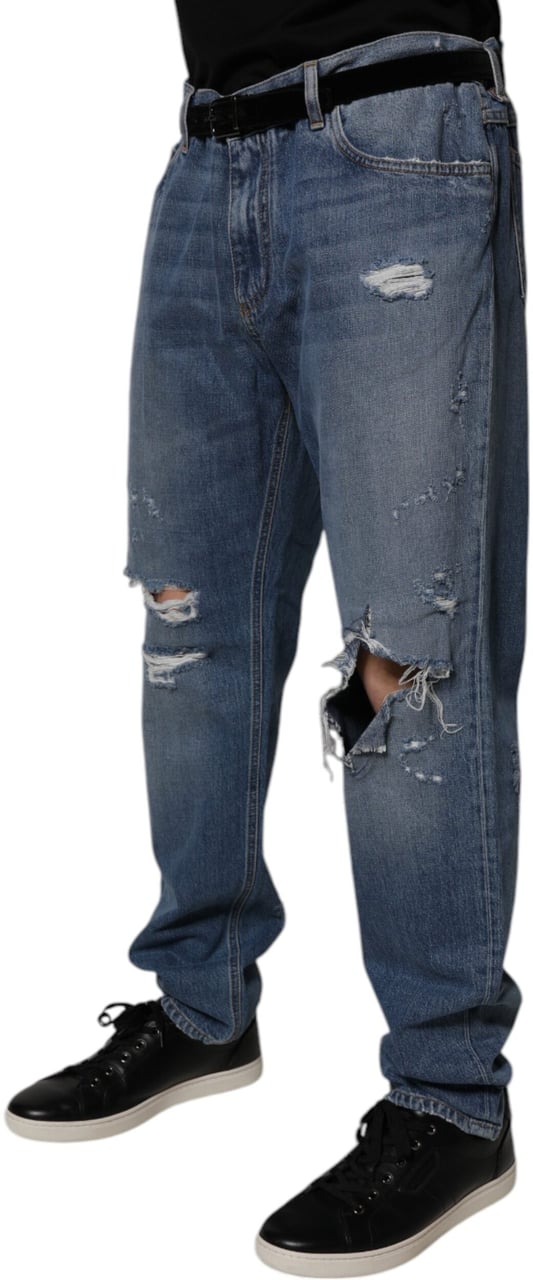 Dolce & Gabbana Blue Tattered Cotton Straight Denim Jeans Blauw