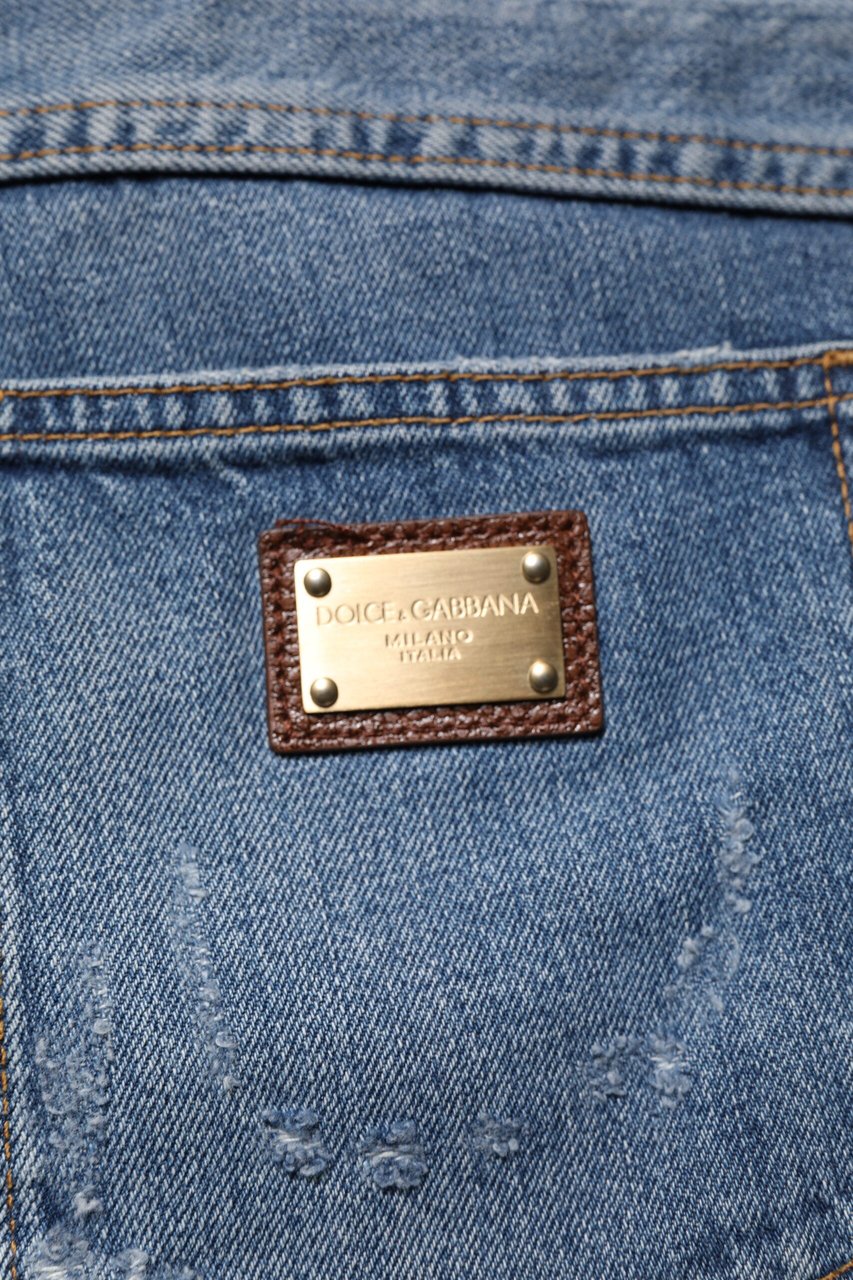 Dolce & Gabbana Blue Tattered Cotton Straight Denim Jeans Blauw