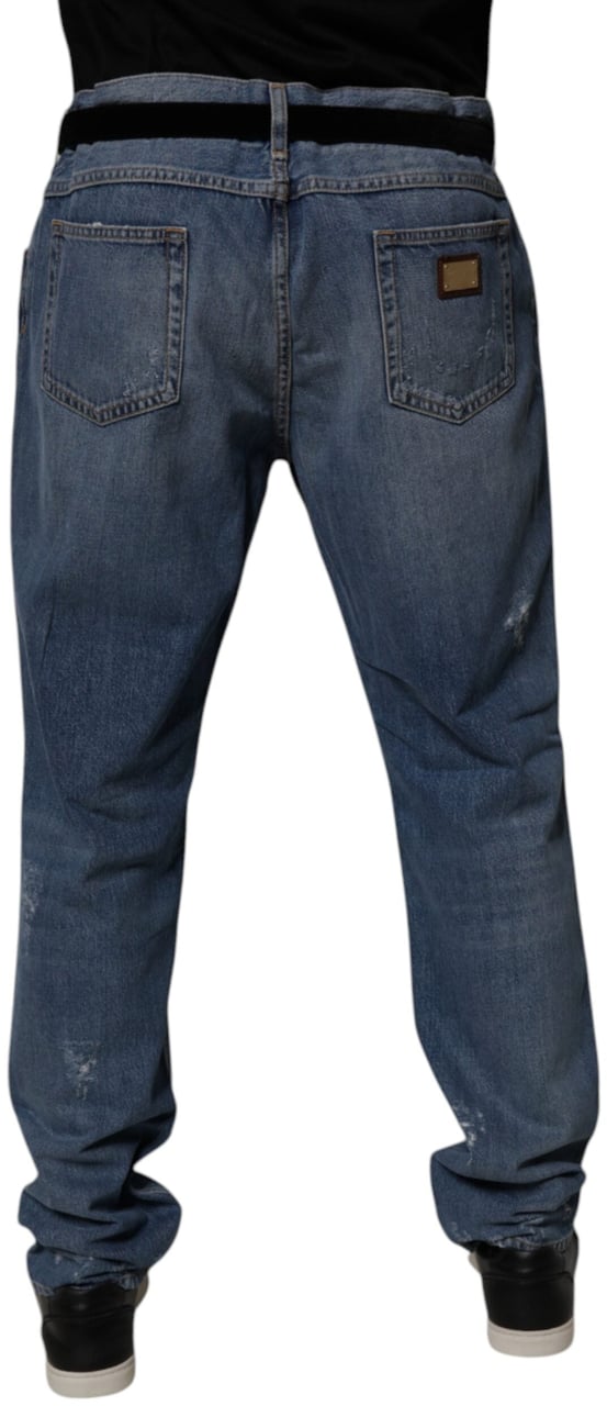 Dolce & Gabbana Blue Tattered Cotton Straight Denim Jeans Blauw