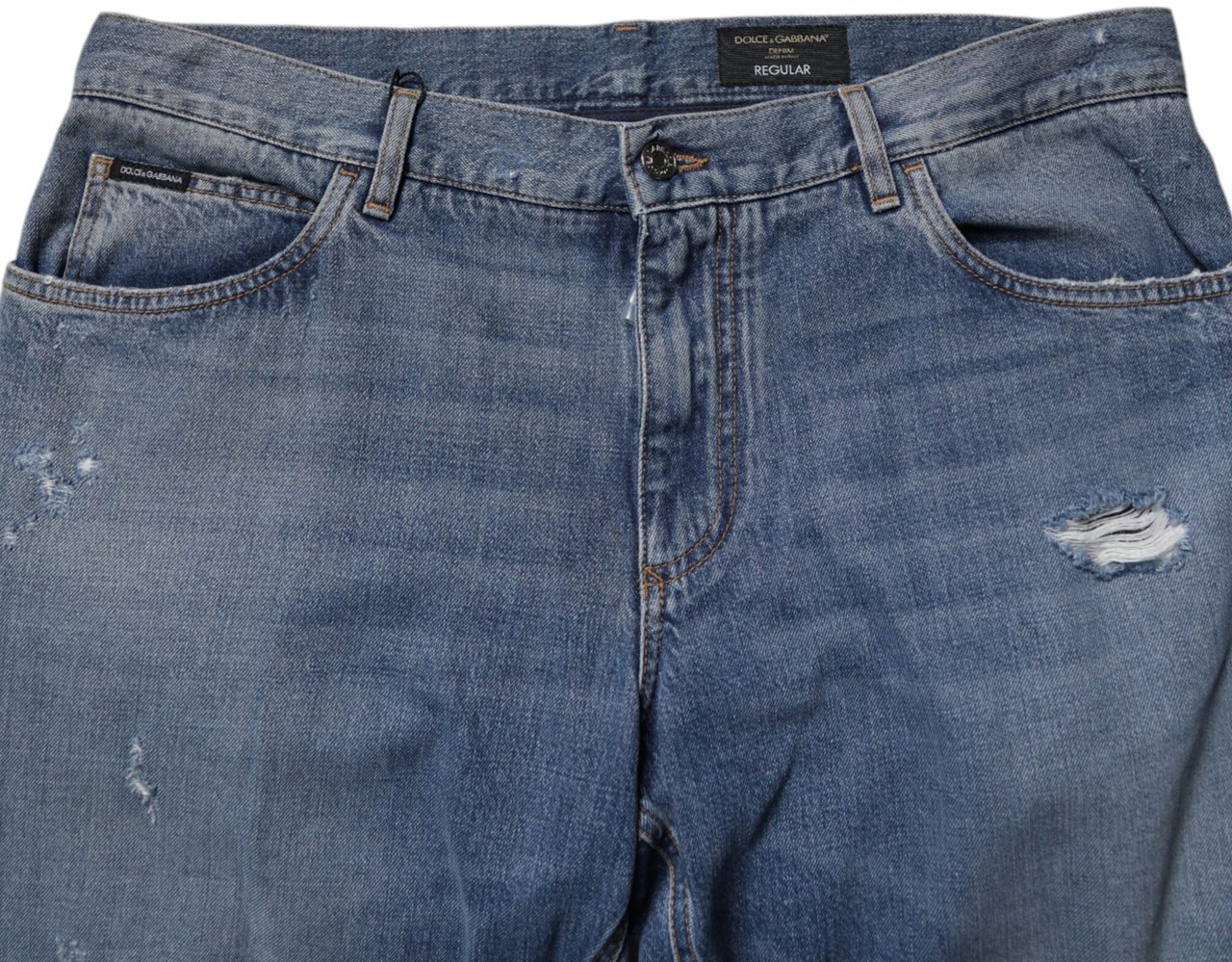 Dolce & Gabbana Blue Tattered Cotton Straight Denim Jeans Blauw