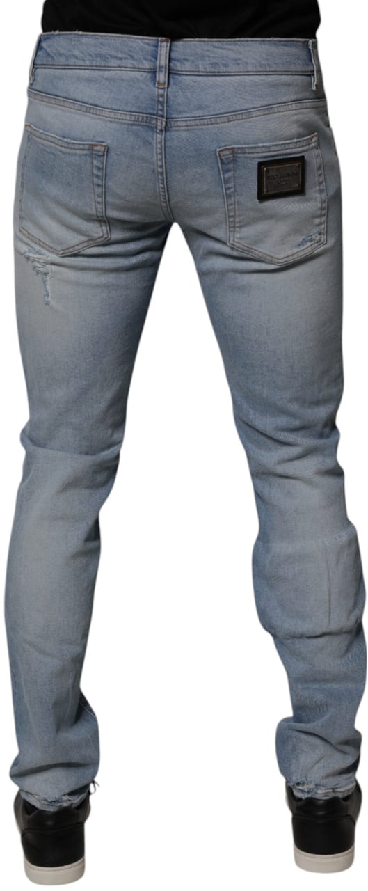 Dolce & Gabbana Blue Tattered Cotton Skinny Men Denim Jeans Blauw