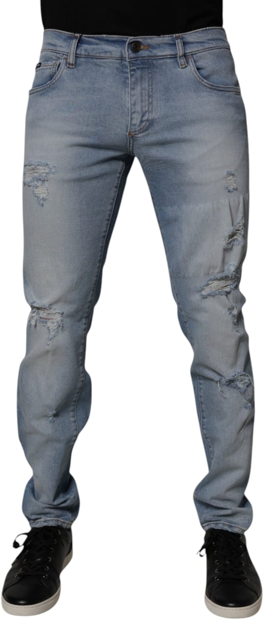 Dolce & Gabbana Blue Tattered Cotton Skinny Men Denim Jeans Blauw