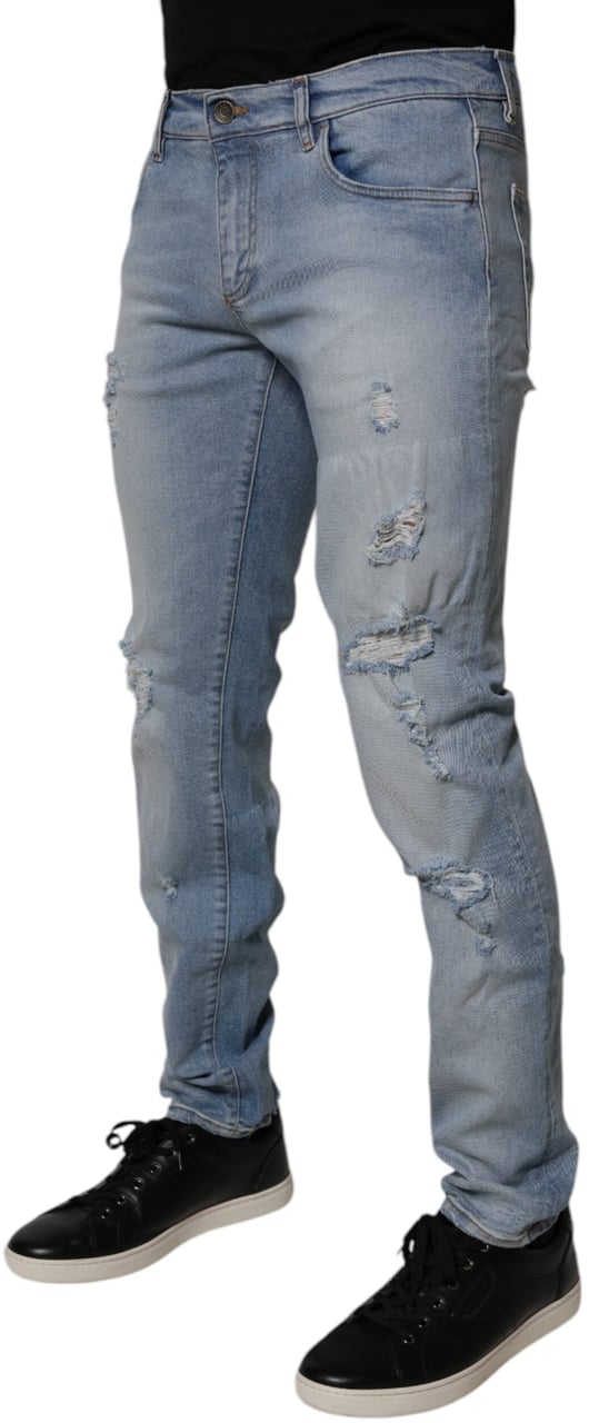 Dolce & Gabbana Blue Tattered Cotton Skinny Men Denim Jeans Blauw