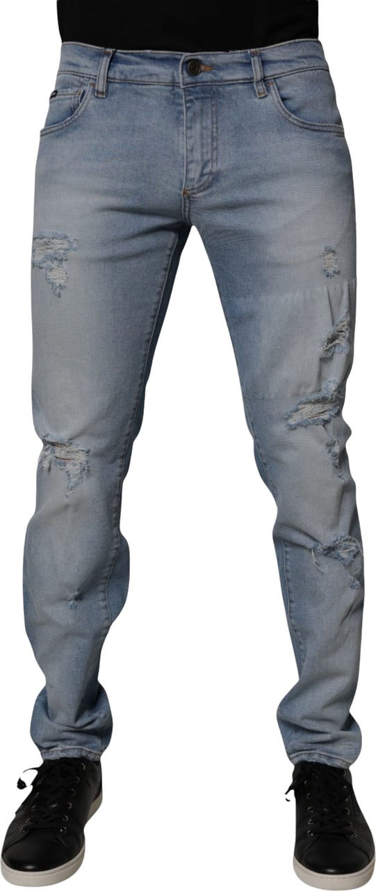Dolce & Gabbana Blue Tattered Cotton Skinny Men Denim Jeans Blauw