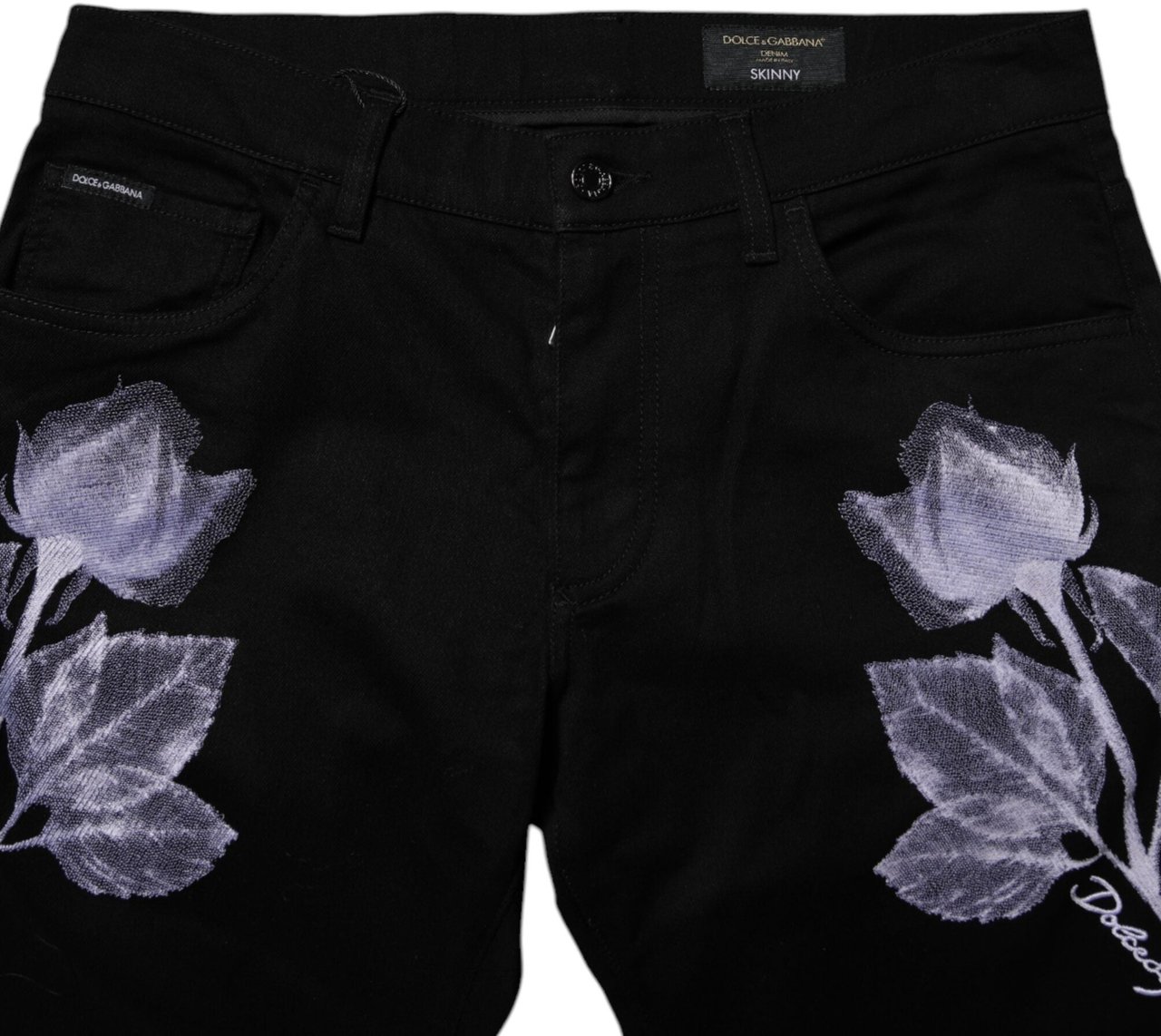 Dolce & Gabbana Black Floral Cotton Skinny Men Denim Jeans Zwart