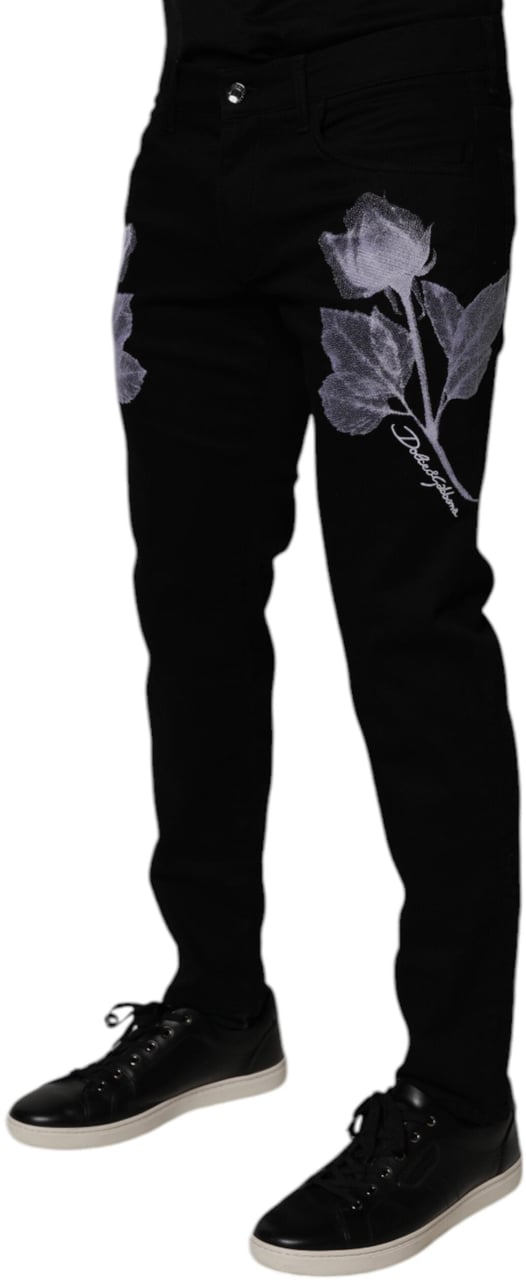 Dolce & Gabbana Black Floral Cotton Skinny Men Denim Jeans Zwart