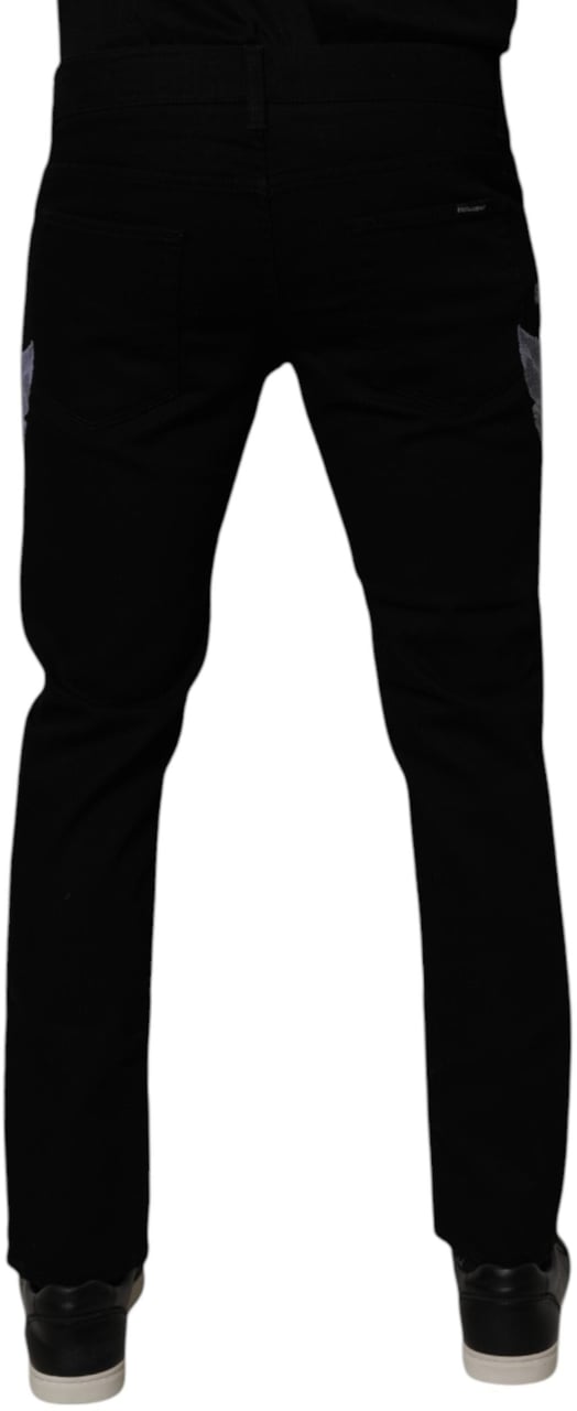 Dolce & Gabbana Black Floral Cotton Skinny Men Denim Jeans Zwart