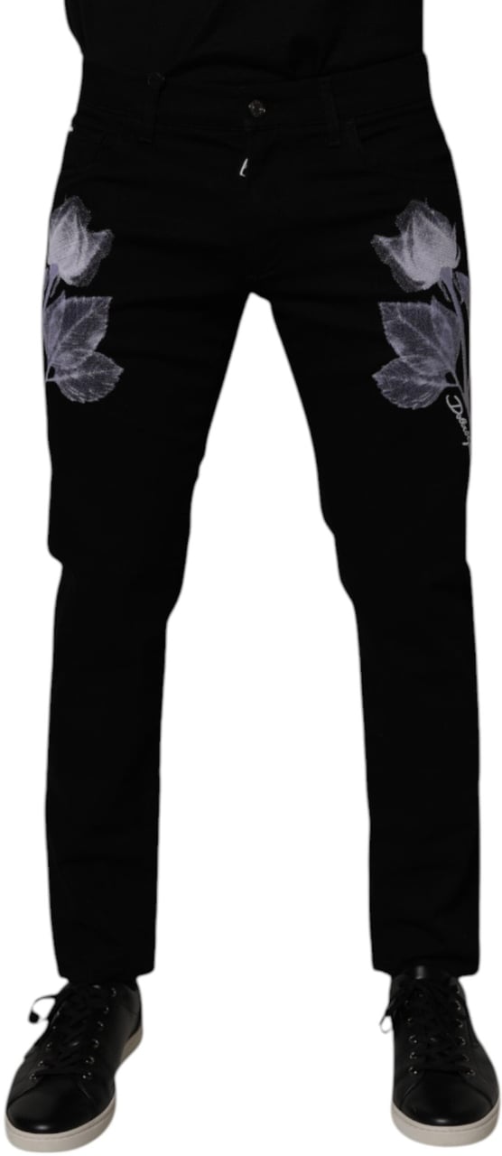 Dolce & Gabbana Black Floral Cotton Skinny Men Denim Jeans Zwart