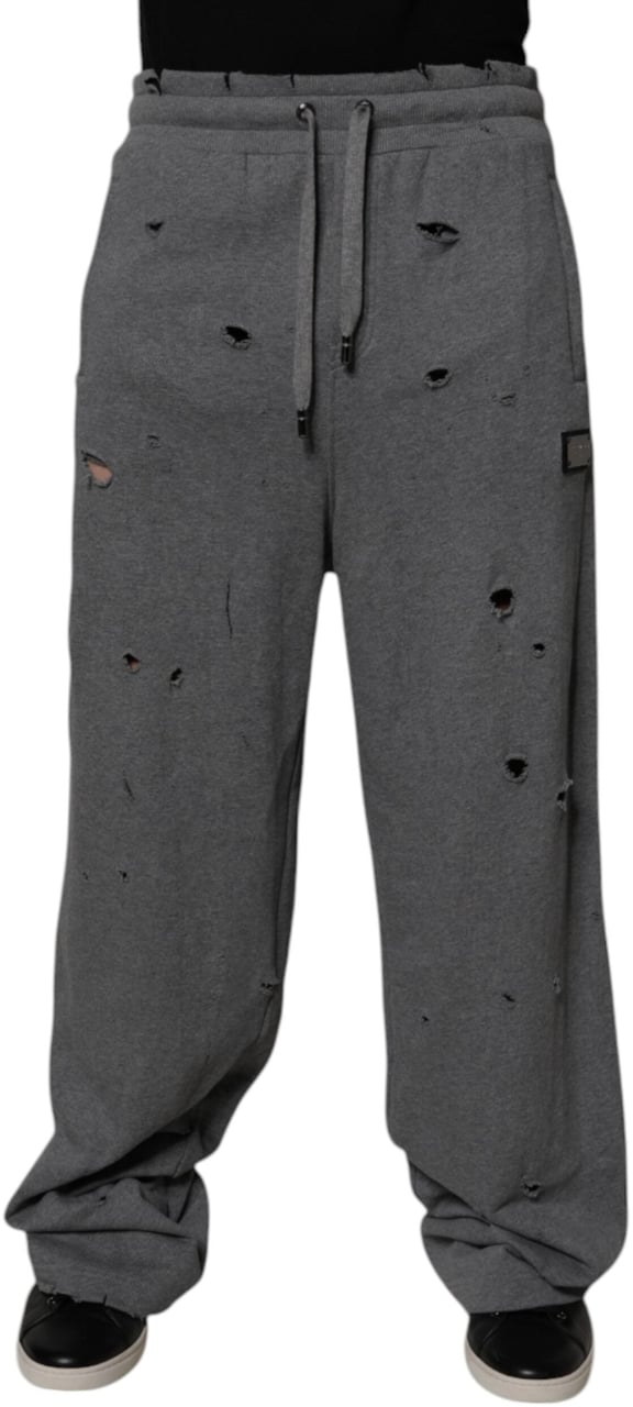 Dolce & Gabbana Gray Cotton RipStyle Straight Sweatpants Pants Zwart