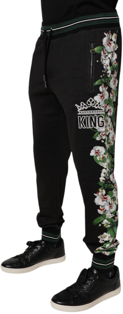 Dolce & Gabbana Black Floral King Men Jogger Sweatpants Pants Zwart