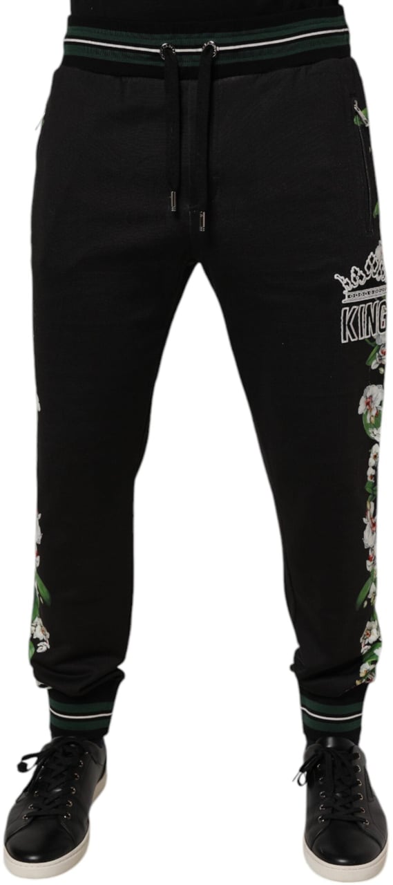 Dolce & Gabbana Black Floral King Men Jogger Sweatpants Pants Zwart