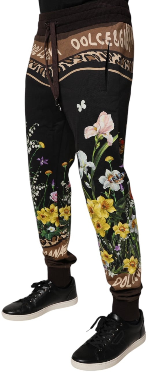 Dolce & Gabbana Black Floral Cotton Jogger Sweatpants Pants Zwart